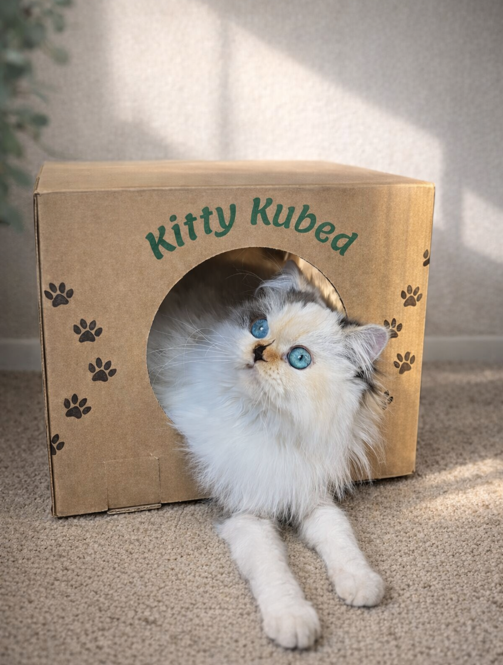Fluffy white cat with blue eyes resting inside a KittyKubed cat activity box for indoor enrichment